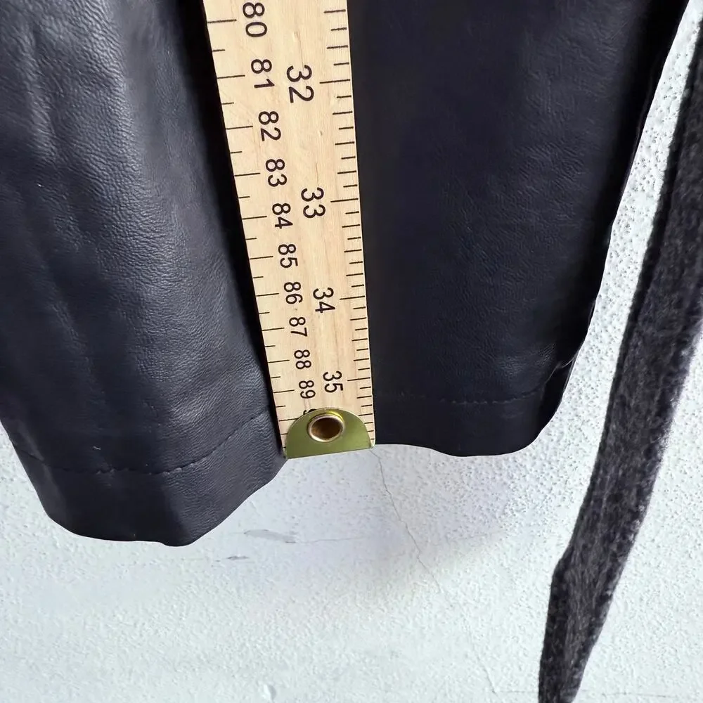 Vtg 90s Belted Coat‎ Long Faux Leather Sleeves Boucle Knit Jacket Womens M USA - Picture 11 of 11